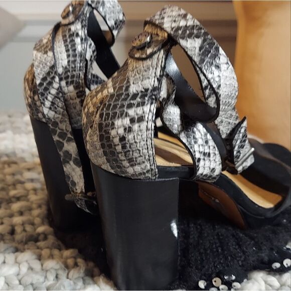 SCHUTZ Ankle Wrap Snakeskin Leather Block Heels - Picture 2 of 12